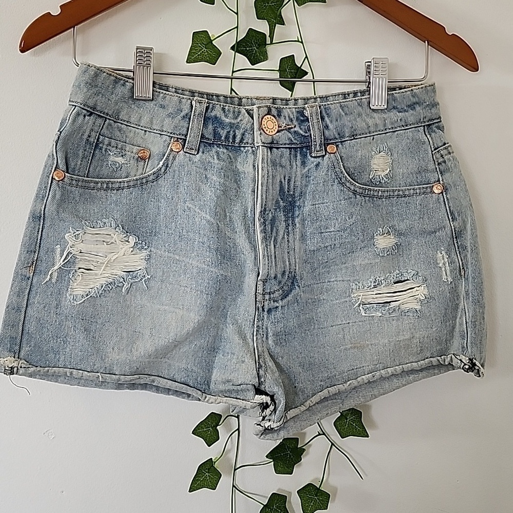 Refuge Light Blue High Waist Button Fly Denim Jean Distressed Shorts